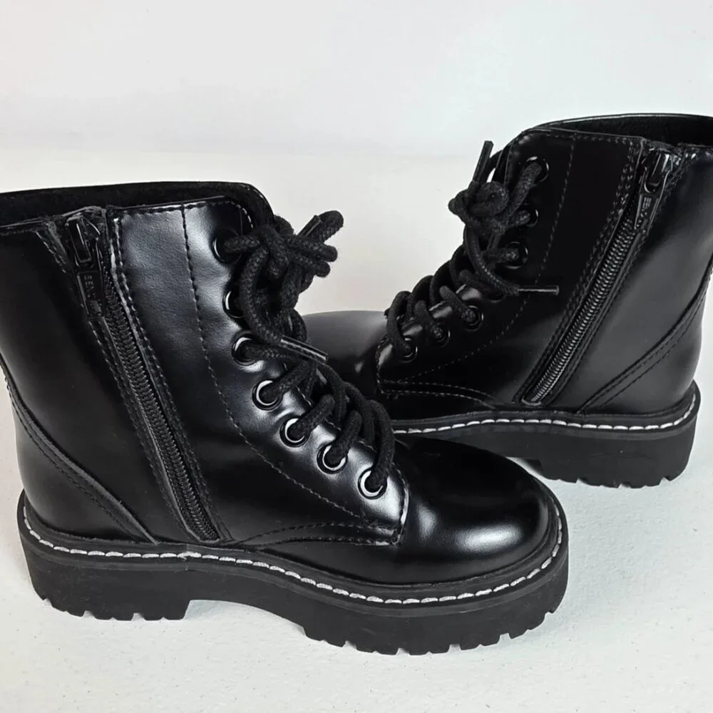 H&M Girls Black Patent Faux Leather Combat Boots Furry Lined Lace Up Zip US 12